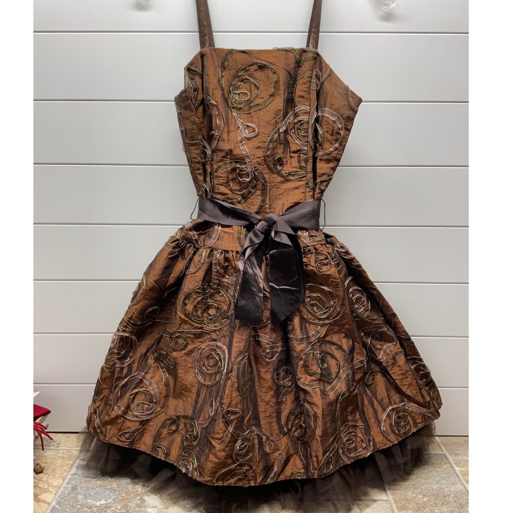Jessica McClintock Bronze Rose Embroidered Tulle Fit Flare Party Dress Size 8